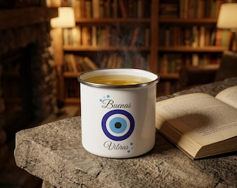 Buenas Vibras Evil Eye Enamel Mug | Spanish Good Vibes, Blue Nazar Design