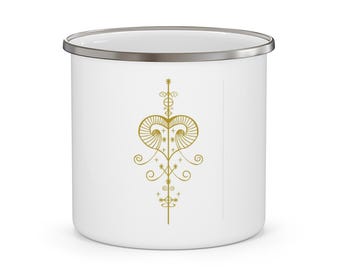 Golden Heart Keycamp Enamel Mug  Elegant Spiritual Coffee Cup | Unique Gift for Her | Haitian Inspired Symbol Mug