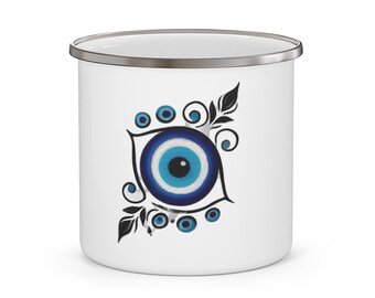 Evil Eye Tile Design Enamel Camping Mug | Nazar Blue Protection