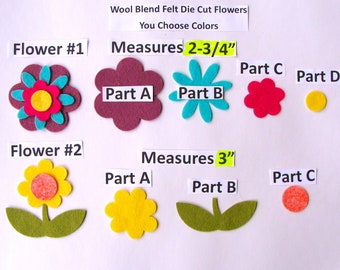 Die Cut Felt FLATS- Flowers Wool Blend Felt Die Cut Applique, Embroidery, Crafts-You Choose Shape & Colors -Board62