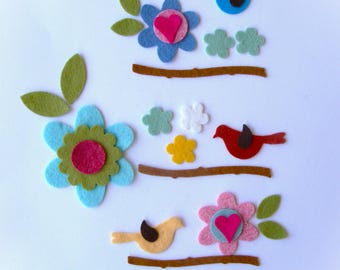 Die Cut Felt Spring Arrangements- 3 Flower/Bird Wool Felt Blend Applique Scenes  #20038