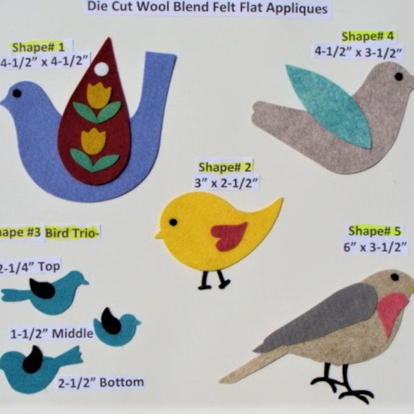 Die Cut Felt Birds & Animals- Wool Felt Blend Die Cut Needle Craft Applique You Choose Shape and Colors- Board34-a