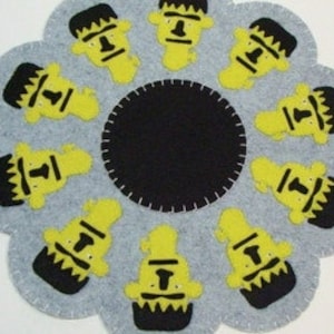 Candle Mat Kit, Penny Rug Kit, 11.5&quot; Round Scallop Edge Wool Felt Applique Kit, Fall Candle Mat Kit, Prim Wool Felt Kit, FRANKENSTEIN-#20095