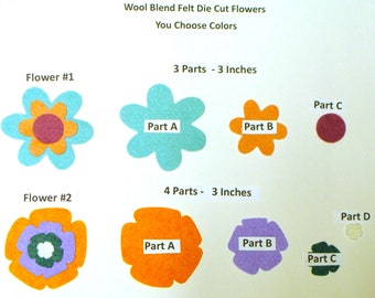 Die Cut Felt FLATS- Flowers Wool Blend Felt Die Cut Applique, Embroidery, Crafts-You Choose Shape & Colors -Board62