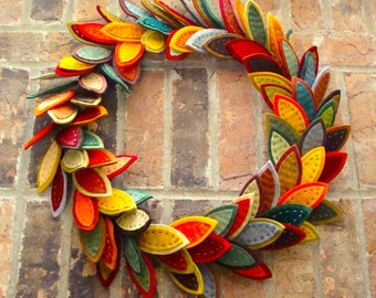 Leaf Wreath Fall Colors 18" Handmade Embroidery Wool Blend Felt Autumn Felt Wreath Extra Full Leaves