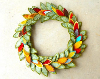 Garden Leaf Wreath Fall Colors 19" Handmade Embroidery Wool Blend Felt Wreath Extra Full Greens with Pops of Color