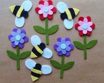 Die Cut Felt Bumble Bees and Flowers Wool Felt Blend Die Cut Set from Woolhearts  #20011