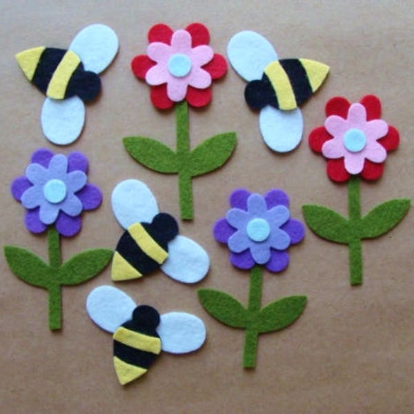 Die Cut Felt Bumble Bees and Flowers Wool Felt Blend Die Cut Set from Woolhearts  #20011