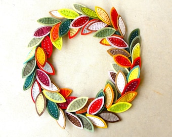 Leaf Wreath "SALSA" Fiesta Wreath 16"  Wool Felt Three Layers, Wired Leaves, Hand Embroidered, Felt Wreath-/Multi-Colored /Ready To Ship