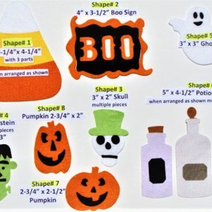 May include: A collection of Halloween-themed felt cutouts. Includes a candy corn, a "Boo" sign, a ghost, a Frankenstein, a skull, two pumpkins, and potion bottles. Sizes range from 2-3/4" to 5-1/4" in height. Ideal for crafting.