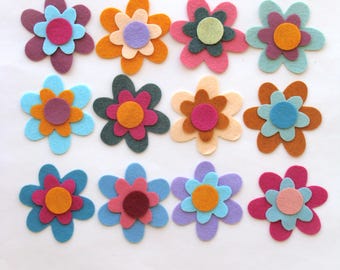 12 Flower Sets Wool Blend Felt 3" Layering Appliques, Die Cut (36 Total Pieces)