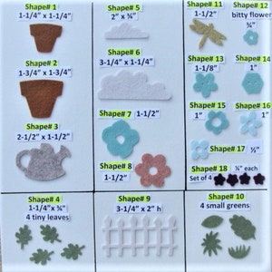 May include: A collection of felt shapes for crafting, including pots, clouds, flowers, leaves, a watering can, and a fence. The shapes vary in size, with the largest being 3-1/4 inches by 2 inches. Colors include brown, white, blue, pink, and green.