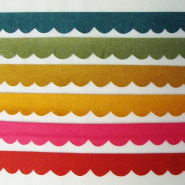 Die Cut Felt  Long Trims Scallop Edge/Ric-Rac// Ribbon // or- 1" Strips, Felt Trims, Choose up to 6 Colors