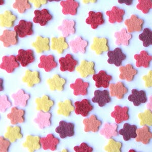 May include: A scattering of small, star-shaped felt cutouts in various shades of pink, red, yellow, and purple. The felt stars are scattered across a white surface, creating a colorful and playful pattern. These could be used for crafting or decorative purposes.