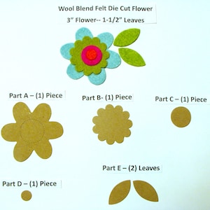 Felt Flower Die Cut Applique 3" Flower, 1-1/2" Leaves Wool Blend Felt Die Cut Applique, Embroidery, Crafts-You Choose Colors -Board27