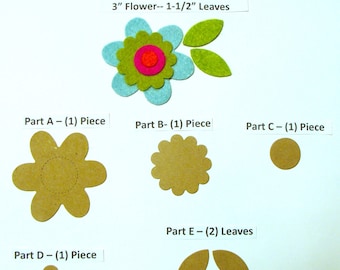 Felt Flower Die Cut Applique 3" Flower, 1-1/2" Leaves Wool Blend Felt Die Cut Applique, Embroidery, Crafts-You Choose Colors -Board27