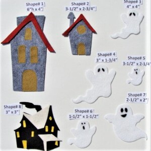 May include: A collection of felt Halloween decorations, including two houses with red roofs and various sizes of white ghosts. The largest house is 6 inches high and 4 inches wide. The ghosts range in size from 1.5 inches to 4 inches.