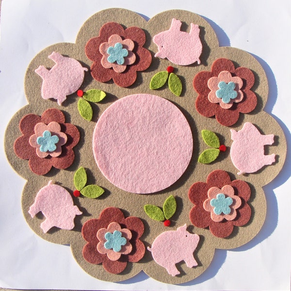 When Pigs Fly Candle Mat Kit 12" Round Edge Mats DIY Die Cuts Wool Blend Felt U Make It Precut Felts Fast & Easy Hand Applique Embroidery