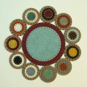 Candle Mat Kit, Penny Rug Kit, Wool Felt Applique Die Cuts, Hand Embroidery, DIY, Burgandy Centers