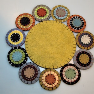 Candle Mat Kit, Penny Rug Kit, Wool Felt Applique DIY, Honey Mustard Center Candle Mat Die Cuts Hand Embroidery