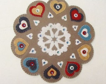 Layered Hearts 11-1/2" Candle Mat Kit, Penny Rug Kit, Wool Felt Applique Kit, Fall Candle Mat Kit Precut Felts