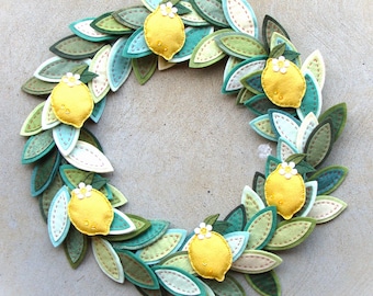 Felt Lemons Wreath Door/Wall 18" Wool Blend Felt Handmade Embroidery