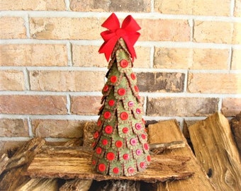 Table Top 12" Christmas Tree Red Buttons, Red Bow, Wool Blend Felt Handmade-4" Across at Bottom -12" around at bottom-Ready To Ship