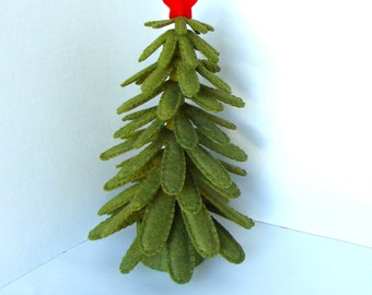 Felt Christmas Tree 13" Tall Handmade Tabletop Tree, Penny Rug Style Wool Blend Felt Tree in Reet's Relish