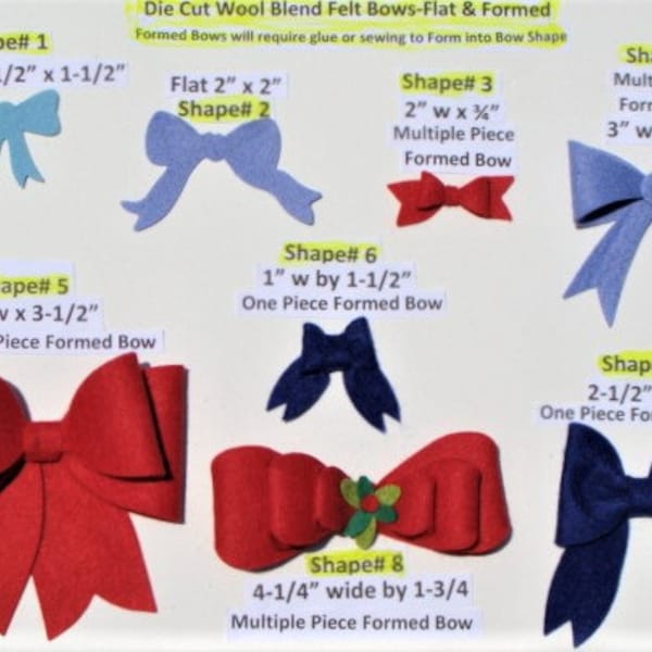 Die Cut Felt BOWS-Various Shapes & Sizes- U Choose Shape and Colors-Wool Blend Felt Applique, Crafts- board56