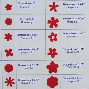 May include: A collection of red felt flower shapes in various designs and sizes, ranging from 1 inch to 1-3/4 inches. Each flower shape is labeled with dimensions and a shape number, ideal for crafting or embellishments.