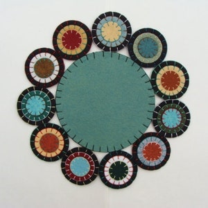 Penny Rug Candle Mat DIY Kit, Die Cut Wool Blend Felt Circles Color is Blue Spruce