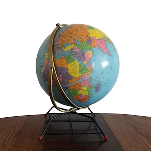 Vintage Globe 1950s Reference World Globe by Replogle -  12 Inch Diameter Blue Globe with Mid Century Black Metal Stand and Double Axis