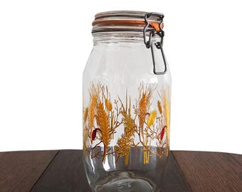 Tarro de cocina vintage de cristal francés con diseño de trigo y arco estampado. Tarro grande de 2 litros. Decoración otoñal para la cocina.
