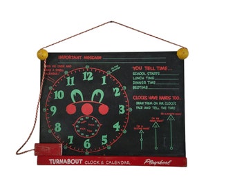 Vintage Chalkboard Children's Playskool Turnabout Chalkboard Calendar and Educational Time Clock Design - Wall Hanging with Original Eraser