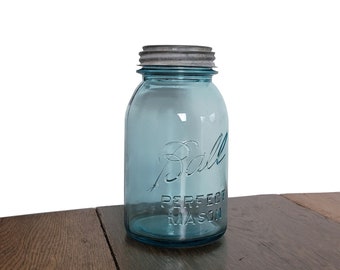 Aqua Ball Jar Vintage Mason with Original Zinc Lid - Quart Size Capacity - Home Decor and Storage Item