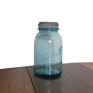 Aqua Ball Jar Vintage Mason with Original Zinc Lid - Quart Size Capacity - Home Decor and Storage Item