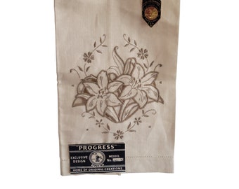 Asciugamano in lino vintage ricamato - Beige con disegno floreale - Asciugamano per ospiti da bagno o da cucina - Strofinaccio in puro lino anni '60