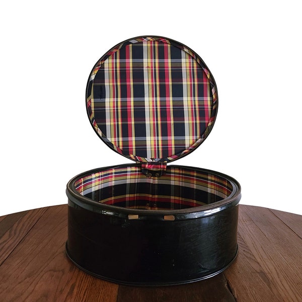 1950s Luggage Vintage Lark Black Patent Leather Round Case with Red Blue and Yellow Plaid Interior Fabric with Pocket - Event or Home Decor
