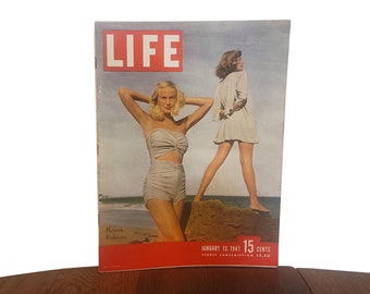 Vintage Life Magazine Resort Fashions-uitgave met foto-essay, veel artikelen en advertenties uit de jaren 40 - 13 januari 1947