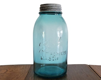 Aqua Ball Jar Antique Mason Jar Ball Perfect Mason - Rare Half Gallon Ball Jar Size  - Home Storage Item - Event Decor or Wedding Decor