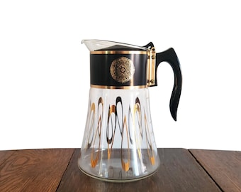 Vintage Carafe Mid Century 8 Cup Coffee Maker with Gold Design Black Lid and Bakelite Handle David Douglas - Mid Century Kitchen