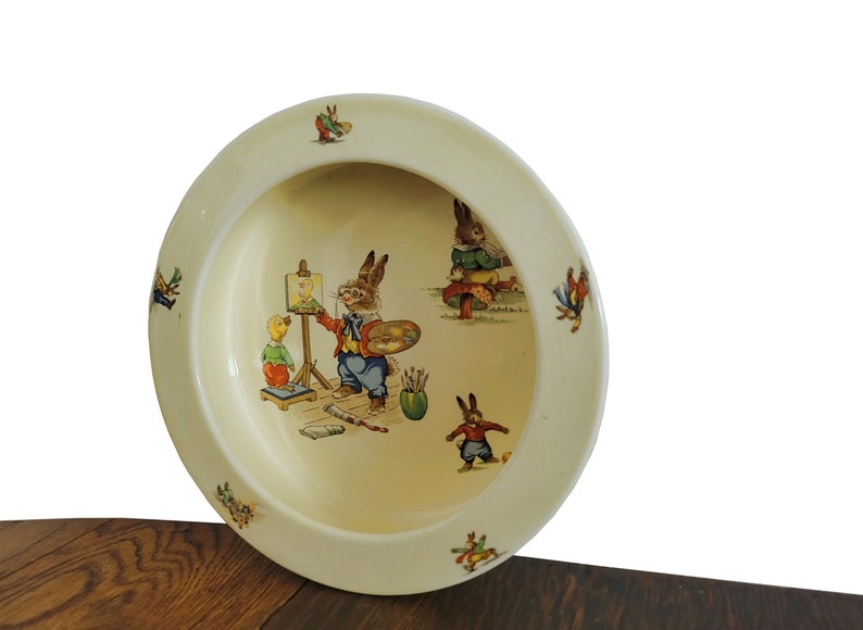 1930s Vintage Decor Children's Royal Winton Decorative Cereal Bowl Bunny's Playtime Nursery Decor or Easter Decor image 2