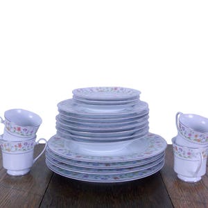 Vintage Dishes Floral Dinnerware Set 1980s Service for Four Eternal Love Pattern Plates, Bowls, Cups & Saucers image 1