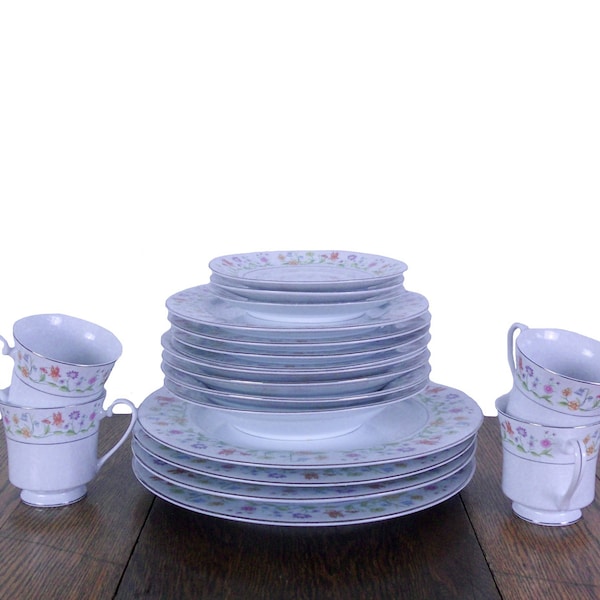 Vintage Dishes Floral Dinnerware Set 1980s Service for Four - Eternal Love Pattern - Plates, Bowls, Cups & Saucers