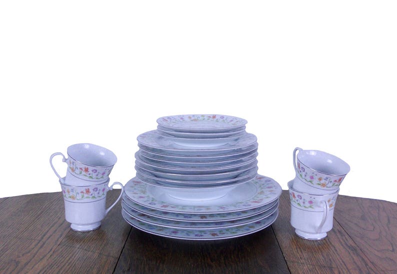 Vintage Dishes Floral Dinnerware Set 1980s Service for Four Eternal Love Pattern Plates, Bowls, Cups & Saucers image 1