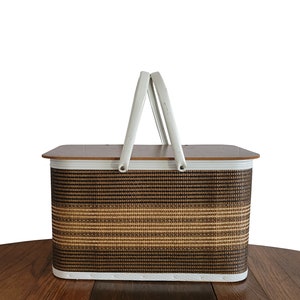 Vintage Picnic Basket with White Metal Handles and Wood Frame by Redmon Picnic Basket Brown Weave Design - Large Size