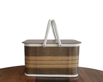 Vintage Picnic Basket with White Metal Handles and Wood Frame by Redmon Picnic Basket Brown Weave Design - Large Size