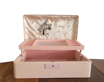 Vintage Mid Century Jewelry Box Floral Design and Pink Interior with 18th Century Style Musical Artwork with Roses and Birds by Farrington