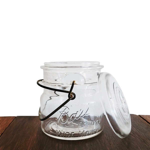 Vintage Ball Jar Clear Eclipse Wide Mouth Jar with Lid and Wire Bail Closure - Storage or Home Decor or Event Decor - Small Ball Jar