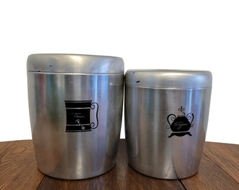 Vintage Kitchen Canisters Mid Century West Bend Set of Flour and Sugar Nesting Canisters  - Set of Aluminum Canisters with Matching Lids